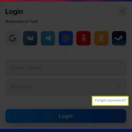 Click &ldquo;Forgot your password?&rdquo; in 1Win