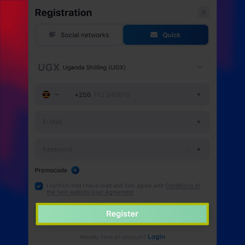 Click “Register” and complete your 1Win registration